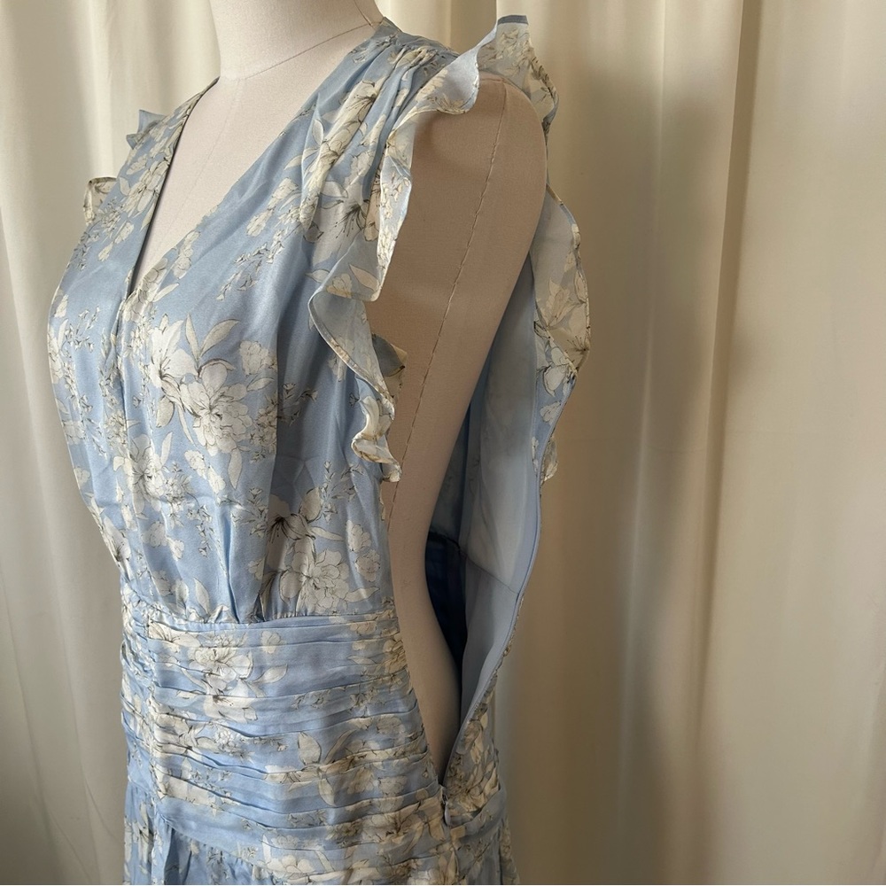 Intermix Vintage Vibe Light Blue Floral Silk Mini Dress Ruffled & Ruched - Picture 13 of 13